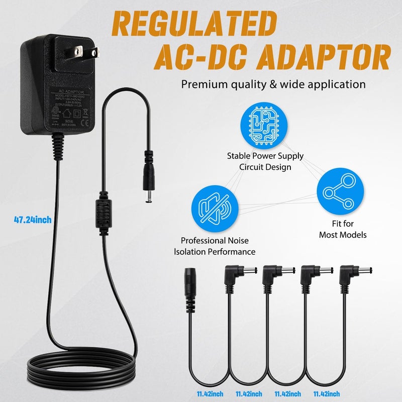 STRICH SPA-10 Guitar Pedal Power Supply Adapter (1000mA -1A) AC DC 9V with 4 Way Daisy Chain Pedal Cables, Compatible for Most Effect Pedals (Tip Negative), Black - Image 2